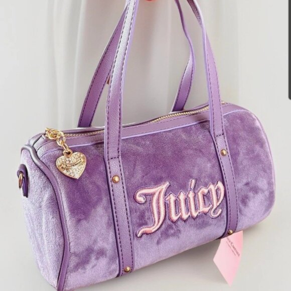 JUICY COUTURE NWT Mini Velour Barrel Bag XBODY Guitar Strap Dusty Violet - Picture 9 of 9